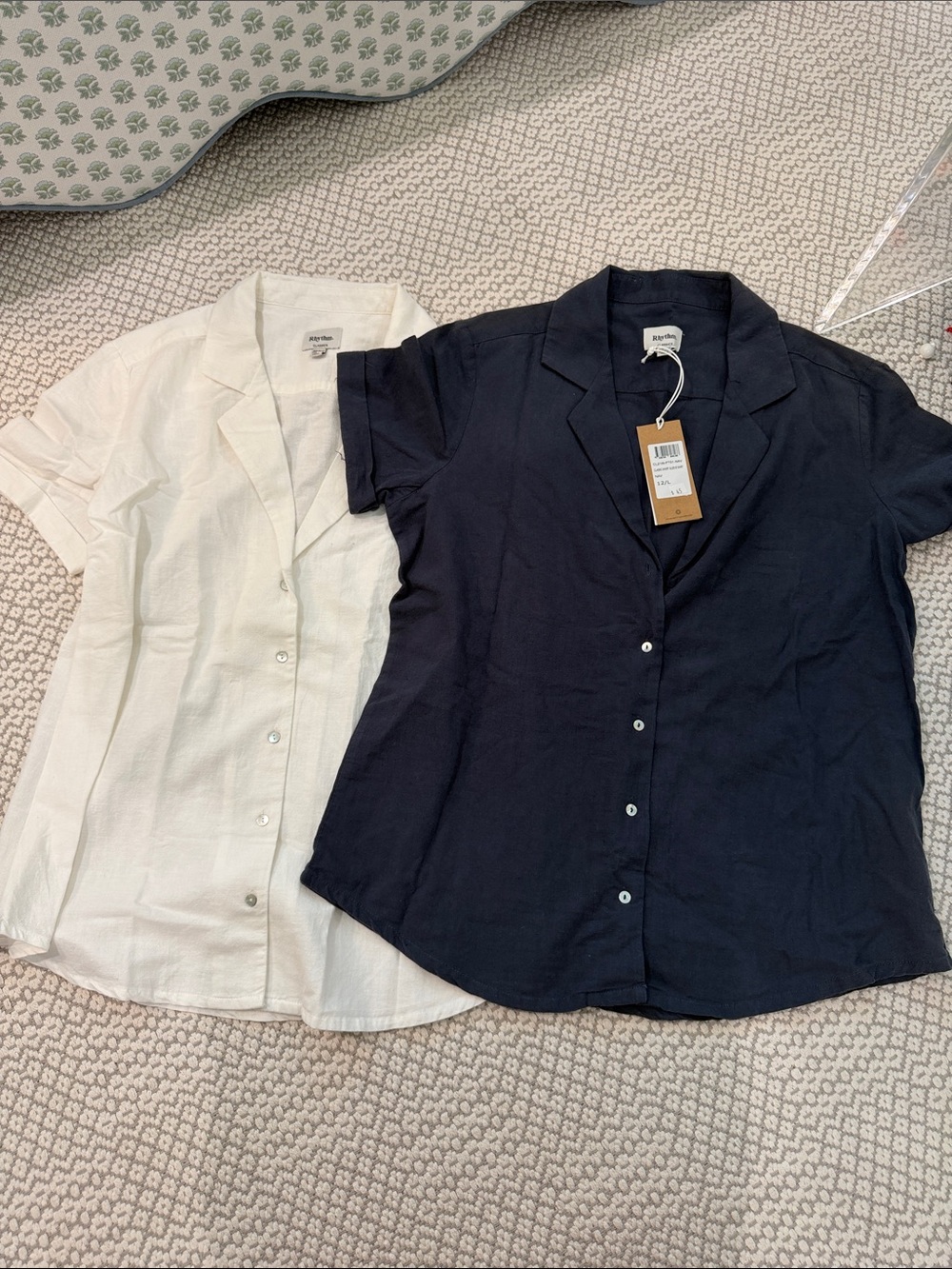 Rhythm Short Sleeve Button Front Shirt in Navy and White